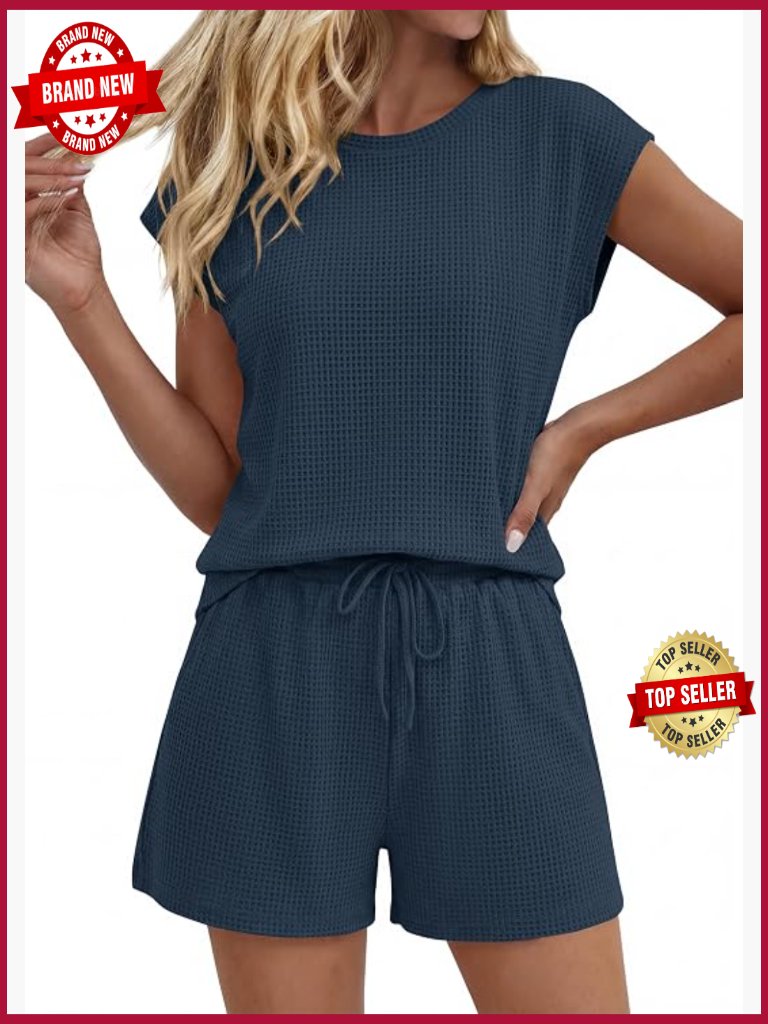 Waffle Knit Cap Sleeve Drawstring Short Set, Women's 2 Piece Lounge Set